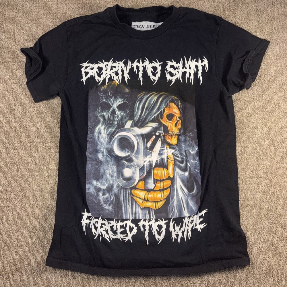 Teen Hearts Forced To Wipe Skeleton Gun T-shirt Goth Funny Black Small